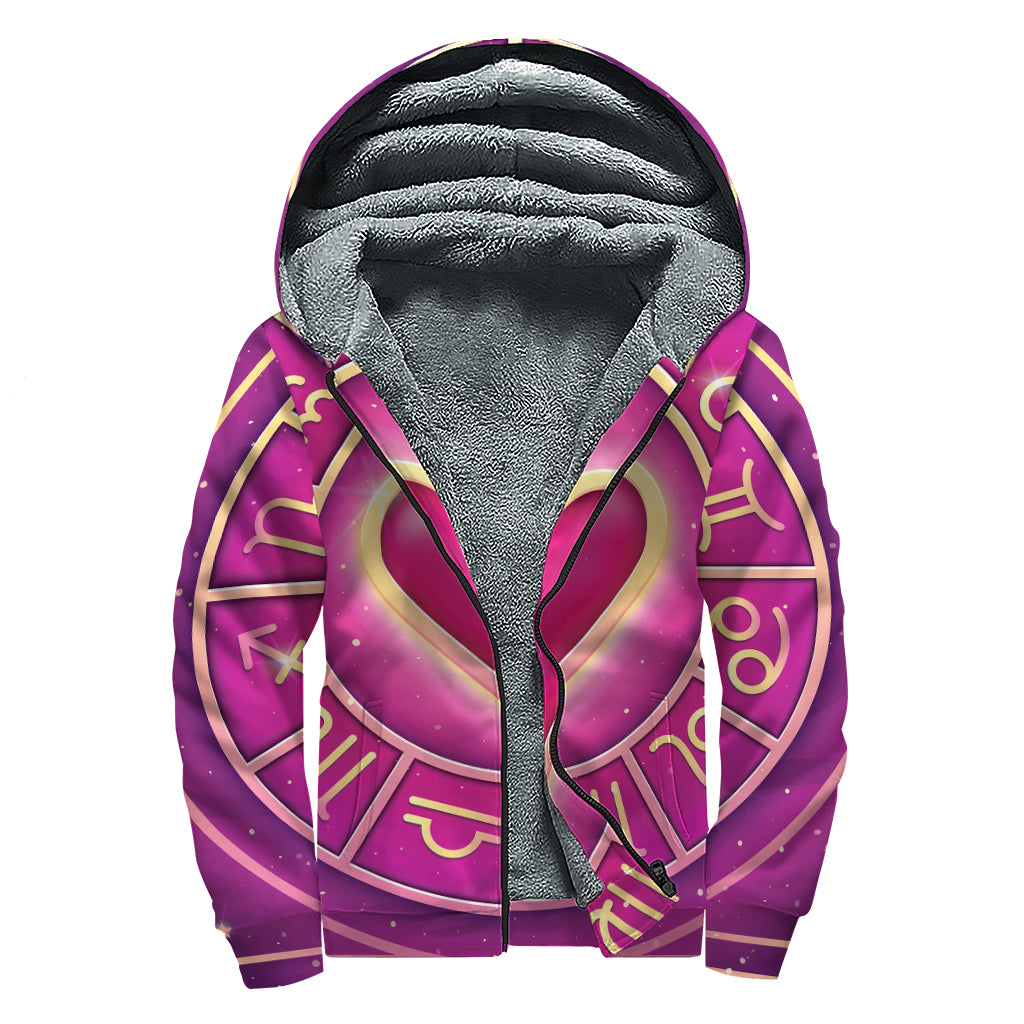 Pink Heart Zodiac Wheel Print Sherpa Lined Zip Up Hoodie
