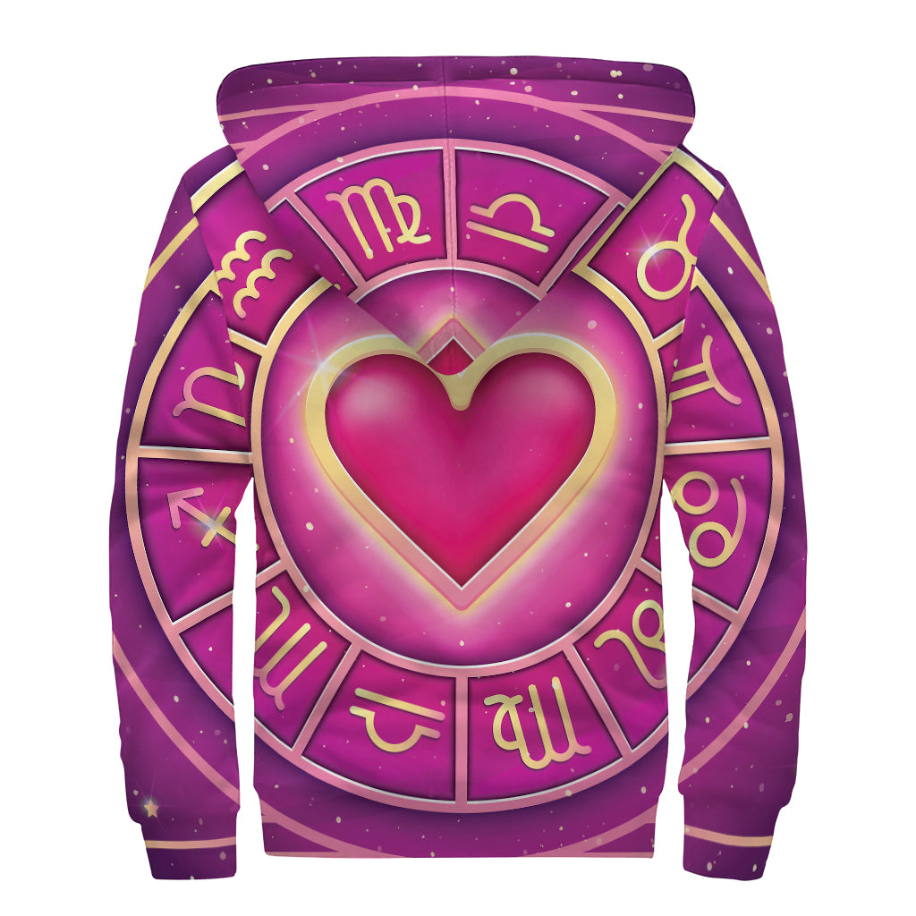 Pink Heart Zodiac Wheel Print Sherpa Lined Zip Up Hoodie