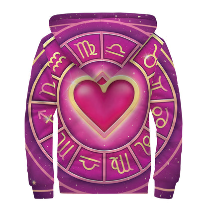 Pink Heart Zodiac Wheel Print Sherpa Lined Zip Up Hoodie