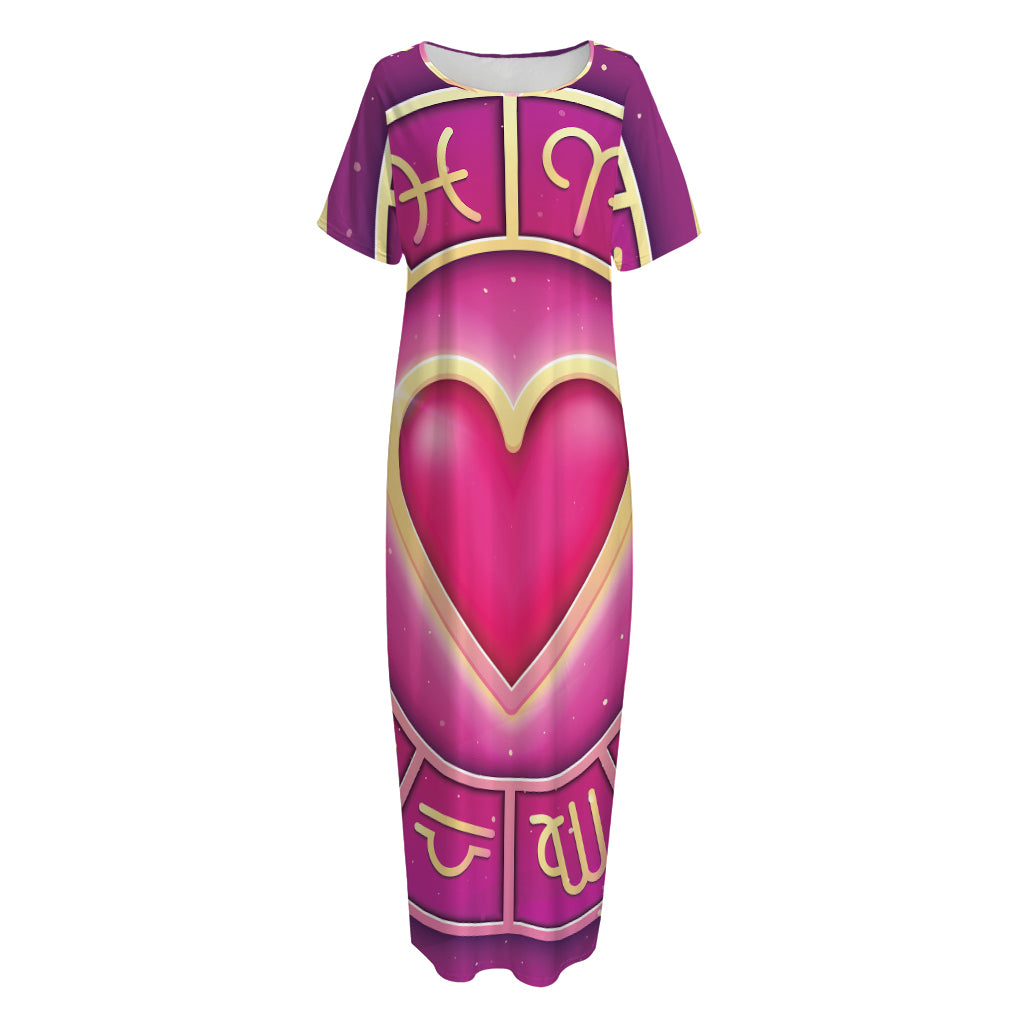 Pink Heart Zodiac Wheel Print Short Sleeve Long Nightdress