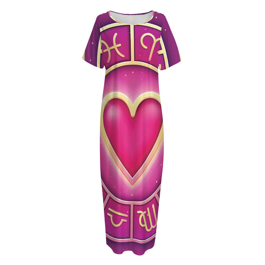 Pink Heart Zodiac Wheel Print Short Sleeve Long Nightdress