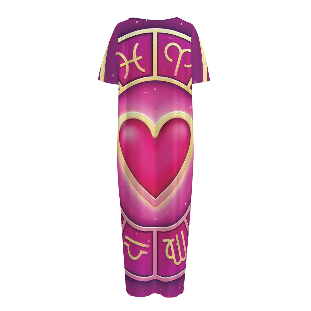 Pink Heart Zodiac Wheel Print Short Sleeve Long Nightdress