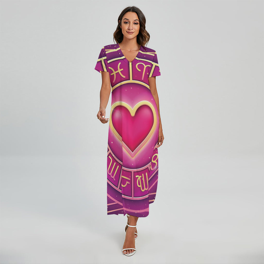 Pink Heart Zodiac Wheel Print Short Sleeve Maxi Dress