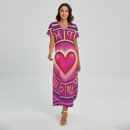 Pink Heart Zodiac Wheel Print Short Sleeve Maxi Dress