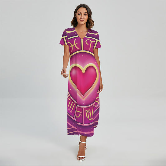 Pink Heart Zodiac Wheel Print Short Sleeve Maxi Dress