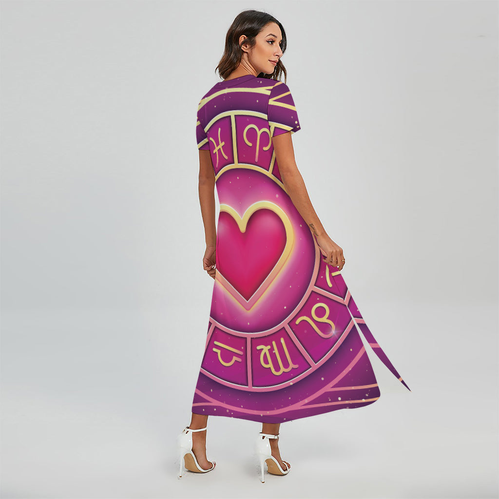 Pink Heart Zodiac Wheel Print Short Sleeve Maxi Dress