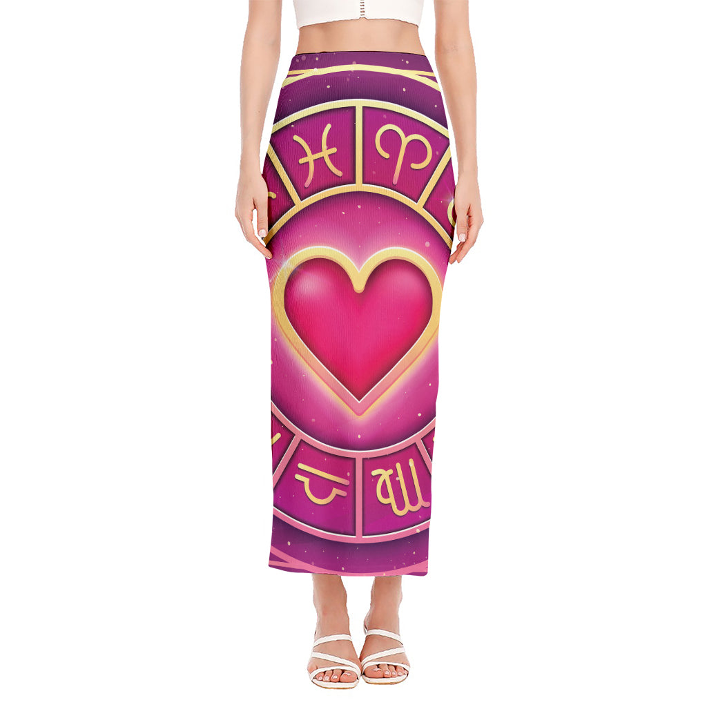 Pink Heart Zodiac Wheel Print Side Slit Maxi Skirt