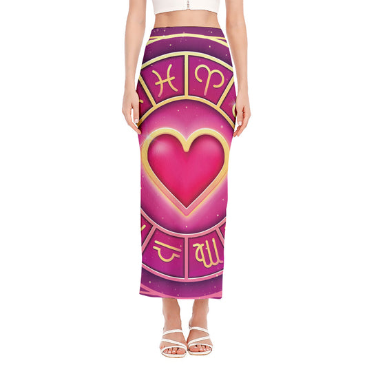 Pink Heart Zodiac Wheel Print Side Slit Maxi Skirt