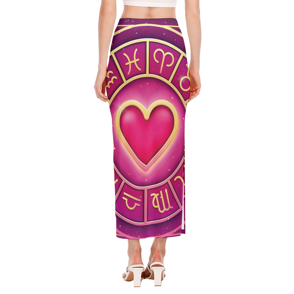 Pink Heart Zodiac Wheel Print Side Slit Maxi Skirt