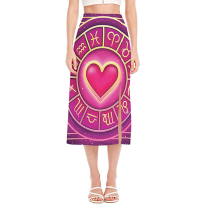 Pink Heart Zodiac Wheel Print Side Slit Midi Skirt