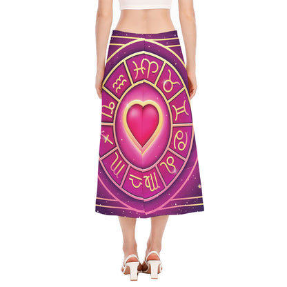 Pink Heart Zodiac Wheel Print Side Slit Midi Skirt