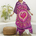 Pink Heart Zodiac Wheel Print Silk V-Neck Kaftan Dress