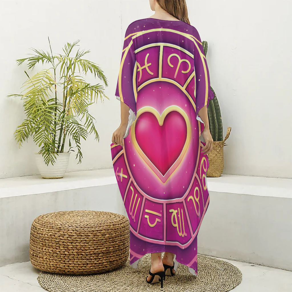Pink Heart Zodiac Wheel Print Silk V-Neck Kaftan Dress
