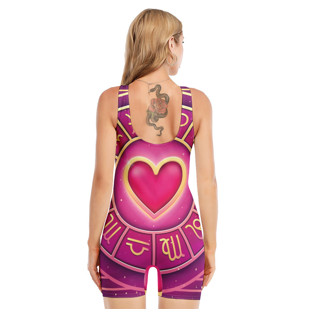 Pink Heart Zodiac Wheel Print Sleeveless One Piece Swimsuit