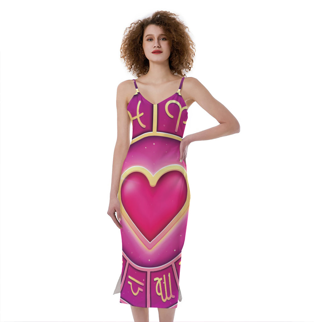 Pink Heart Zodiac Wheel Print Slim Fit Midi Cami Dress