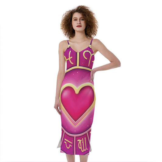 Pink Heart Zodiac Wheel Print Slim Fit Midi Cami Dress