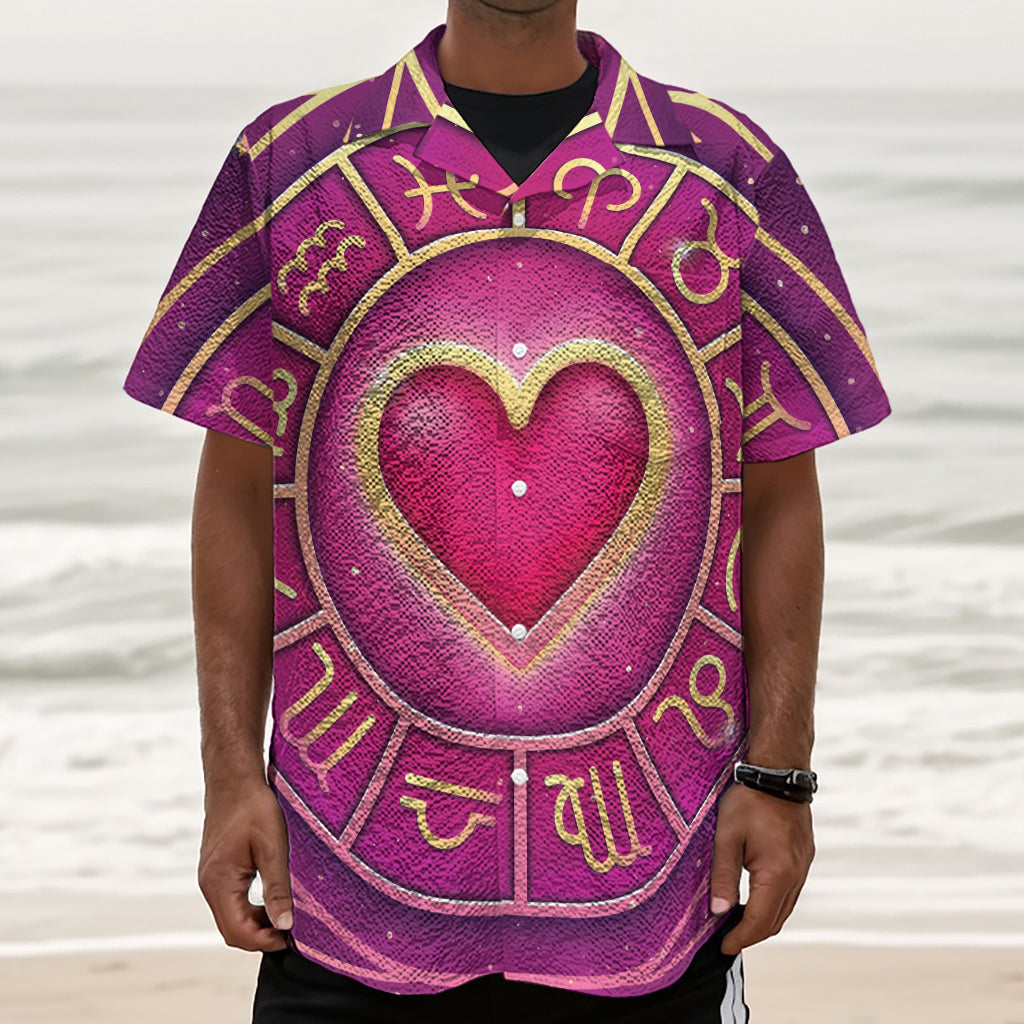 Pink Heart Zodiac Wheel Print Textured Short Sleeve Shirt