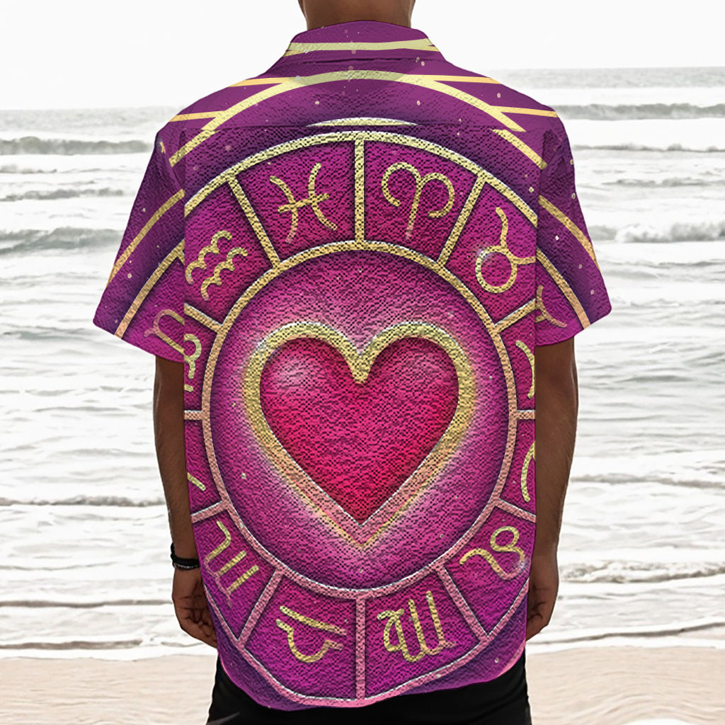 Pink Heart Zodiac Wheel Print Textured Short Sleeve Shirt