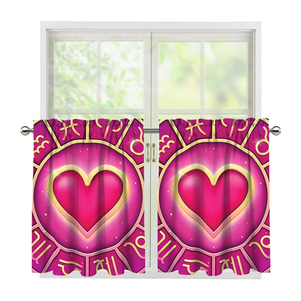 Pink Heart Zodiac Wheel Print Tier Curtains