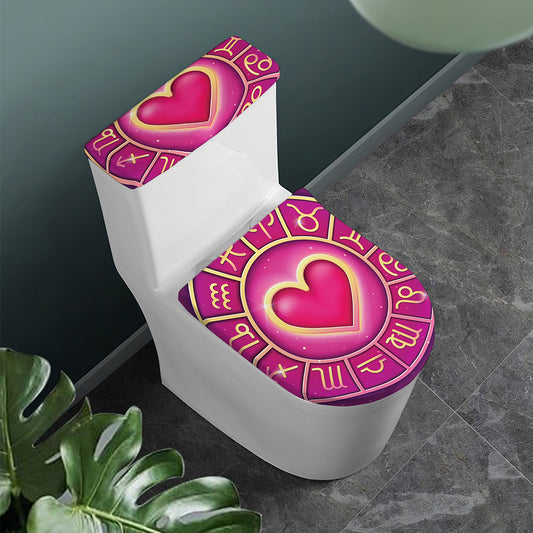 Pink Heart Zodiac Wheel Print Toilet Lid And Tank Cover Set
