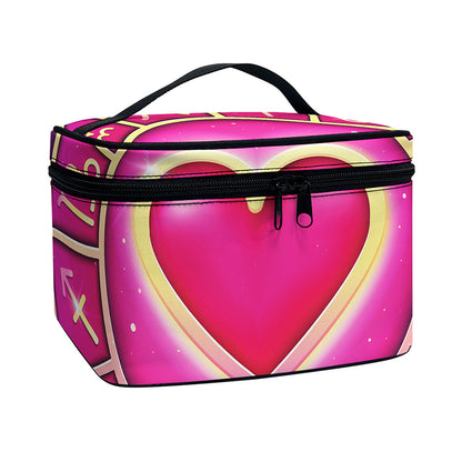 Pink Heart Zodiac Wheel Print Travel Makeup Bag