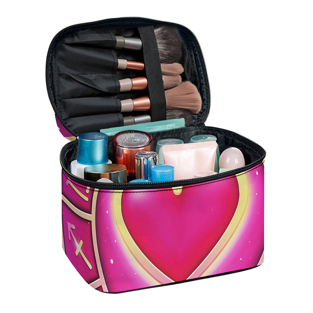 Pink Heart Zodiac Wheel Print Travel Makeup Bag