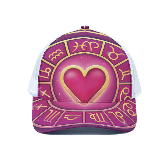 Pink Heart Zodiac Wheel Print White Mesh Trucker Cap