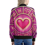 Pink Heart Zodiac Wheel Print Women's Bomber Jacket