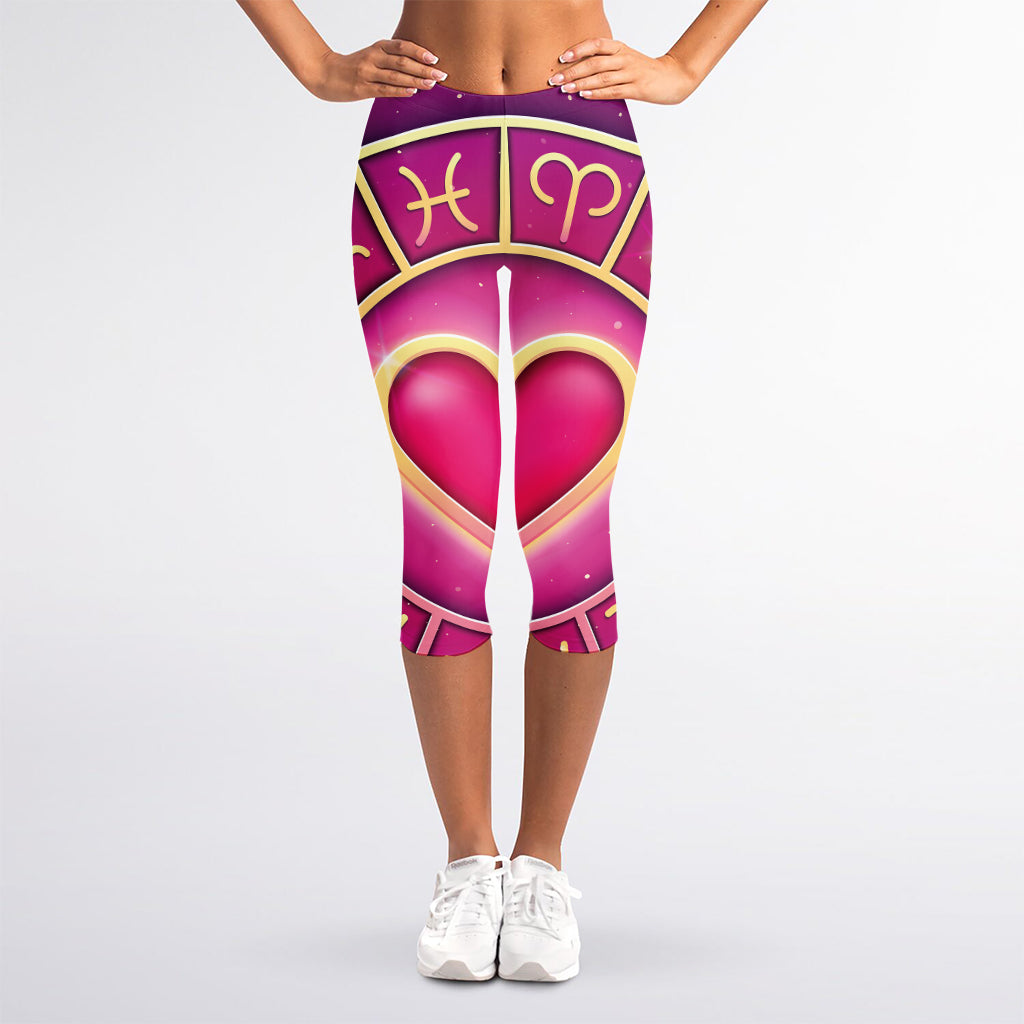 Pink Heart Zodiac Wheel Print Women's Capri Leggings