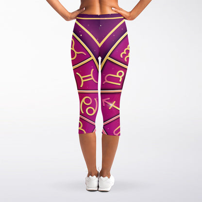 Pink Heart Zodiac Wheel Print Women's Capri Leggings