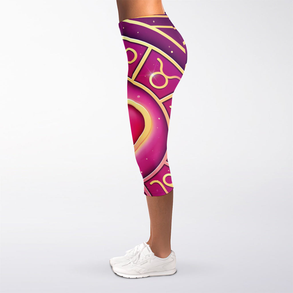 Pink Heart Zodiac Wheel Print Women's Capri Leggings