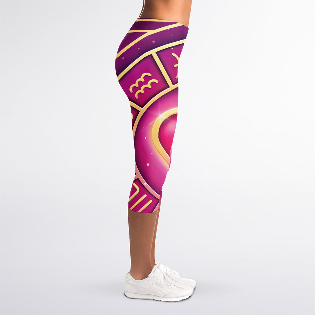 Pink Heart Zodiac Wheel Print Women's Capri Leggings