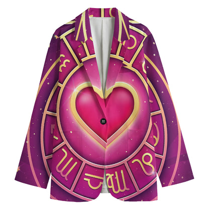 Pink Heart Zodiac Wheel Print Women's Cotton Blazer