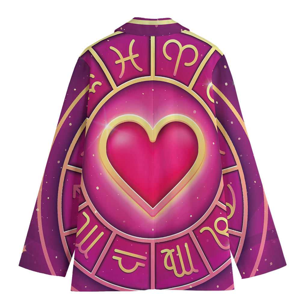 Pink Heart Zodiac Wheel Print Women's Cotton Blazer