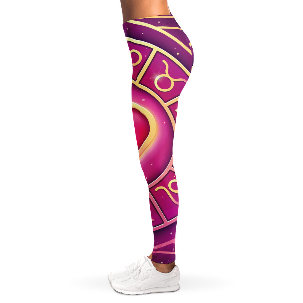 Pink Heart Zodiac Wheel Print Women's Leggings