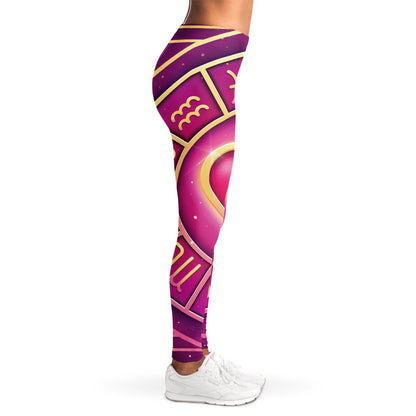 Pink Heart Zodiac Wheel Print Women's Leggings