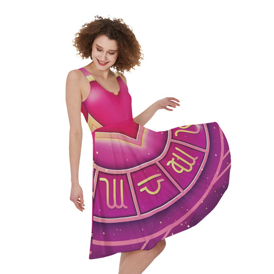 Pink Heart Zodiac Wheel Print Women's Sleeveless Dress