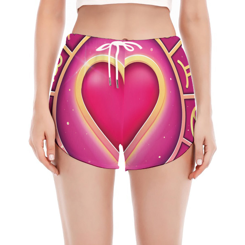 Pink Heart Zodiac Wheel Print Women's Split Running Shorts