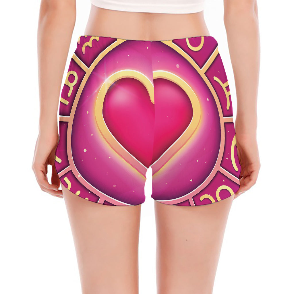 Pink Heart Zodiac Wheel Print Women's Split Running Shorts