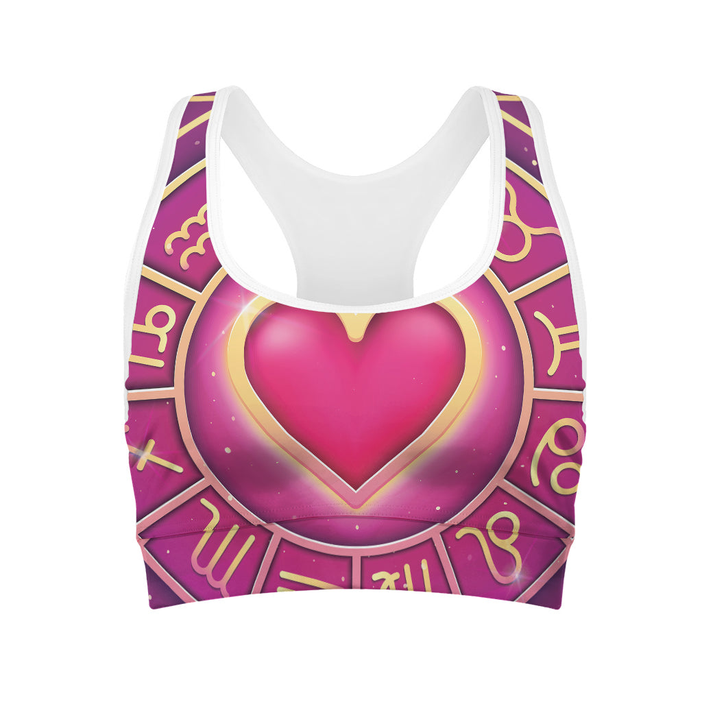 Pink Heart Zodiac Wheel Print Women's Sports Bra