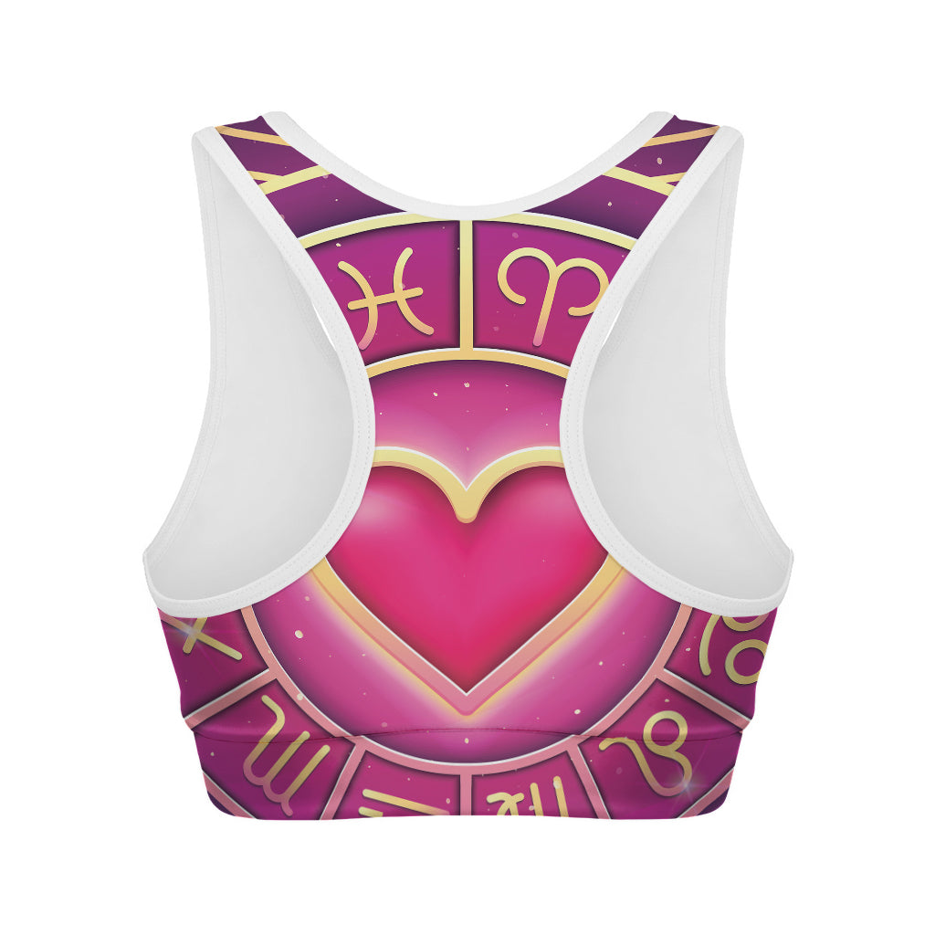 Pink Heart Zodiac Wheel Print Women's Sports Bra