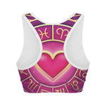 Pink Heart Zodiac Wheel Print Women's Sports Bra