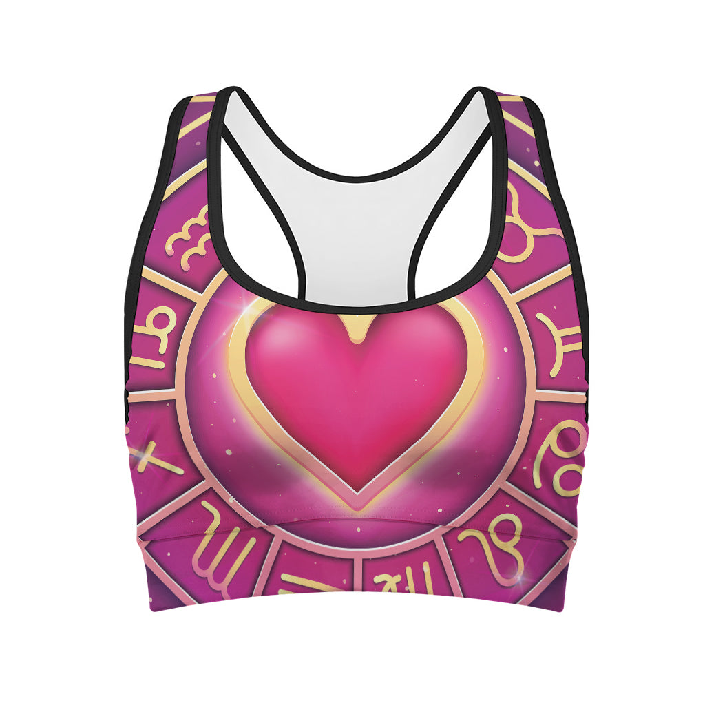 Pink Heart Zodiac Wheel Print Women's Sports Bra