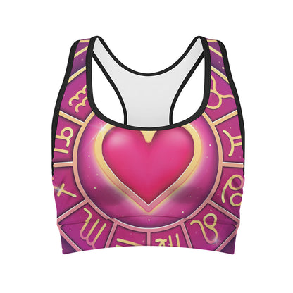 Pink Heart Zodiac Wheel Print Women's Sports Bra