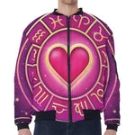 Pink Heart Zodiac Wheel Print Zip Sleeve Bomber Jacket