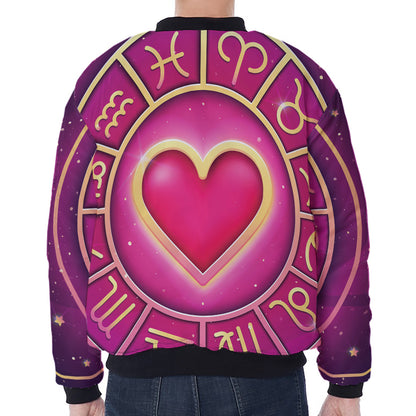 Pink Heart Zodiac Wheel Print Zip Sleeve Bomber Jacket