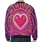 Pink Heart Zodiac Wheel Print Zip Sleeve Bomber Jacket