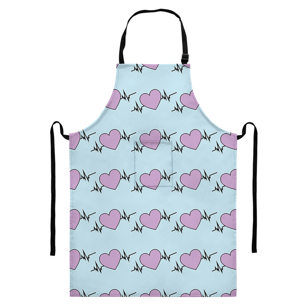 Pink Heartbeat Pattern Print Bib Apron With Pocket