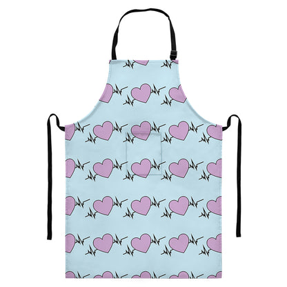Pink Heartbeat Pattern Print Bib Apron With Pocket