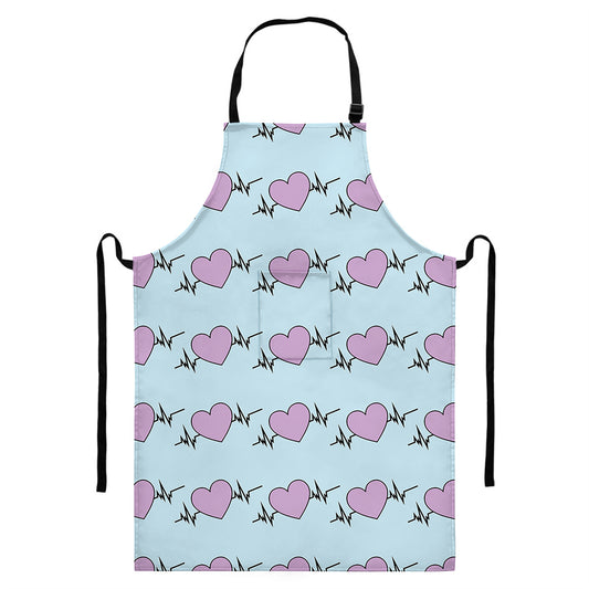 Pink Heartbeat Pattern Print Bib Apron With Pocket